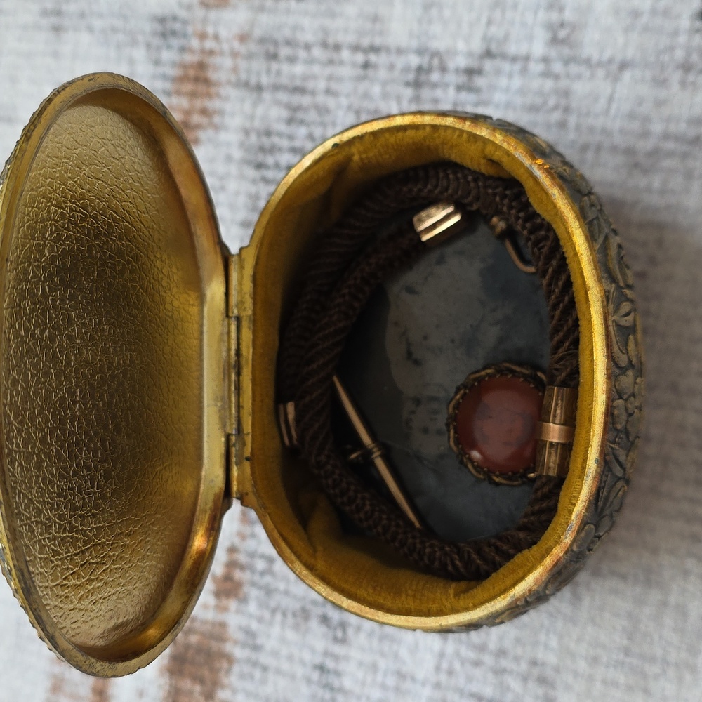 Antique Japan Trinket Box Silk Boucher Landscape Tintype Hair Mourning Chain - Picture 2 of 16
